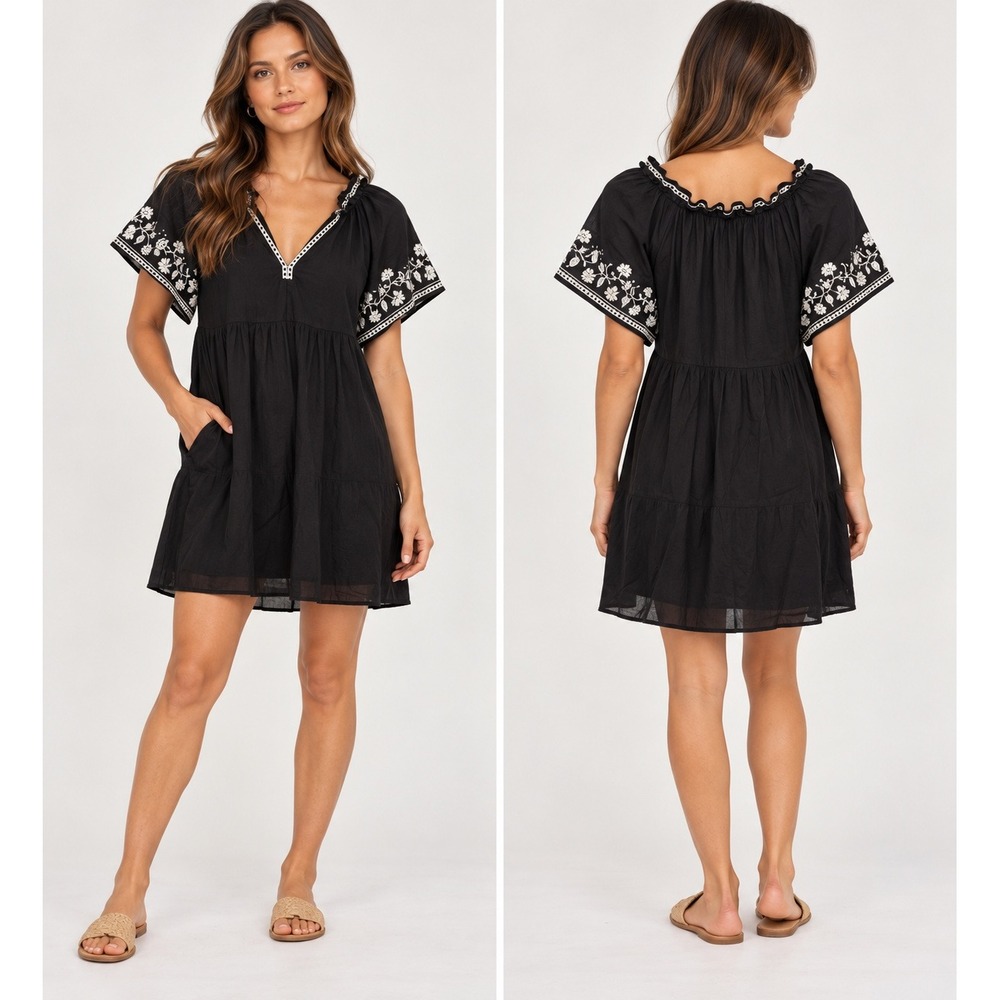Old Navy Black Embroidered Boho Babydoll Mini Dress Small Short Sleeve Cotton